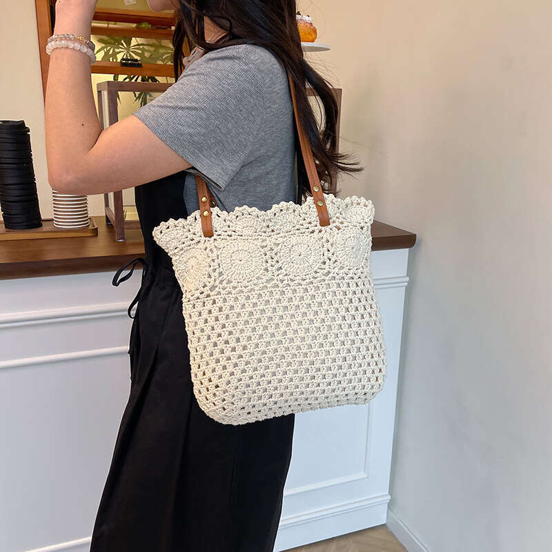 Korean Hollow Cotton Rope Woven Underarm Tote For Women New Handheld Bucket Vacation Beach Bag B5