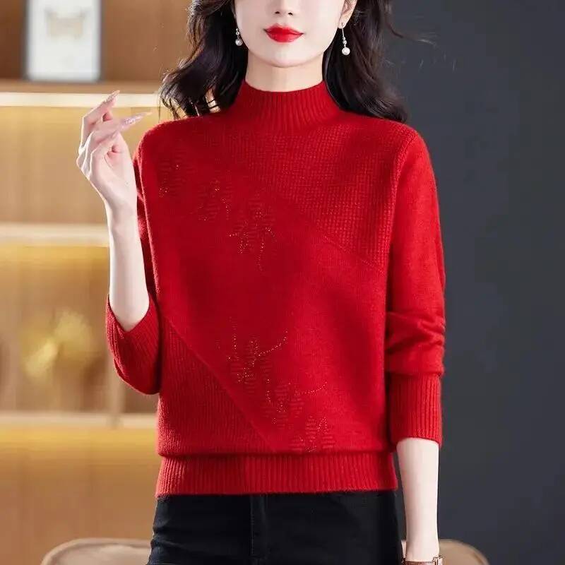 Solid Color Knitted Sweater Women's Half-High Collar New Arrival for Autumn and Winter dongdumaoyi
