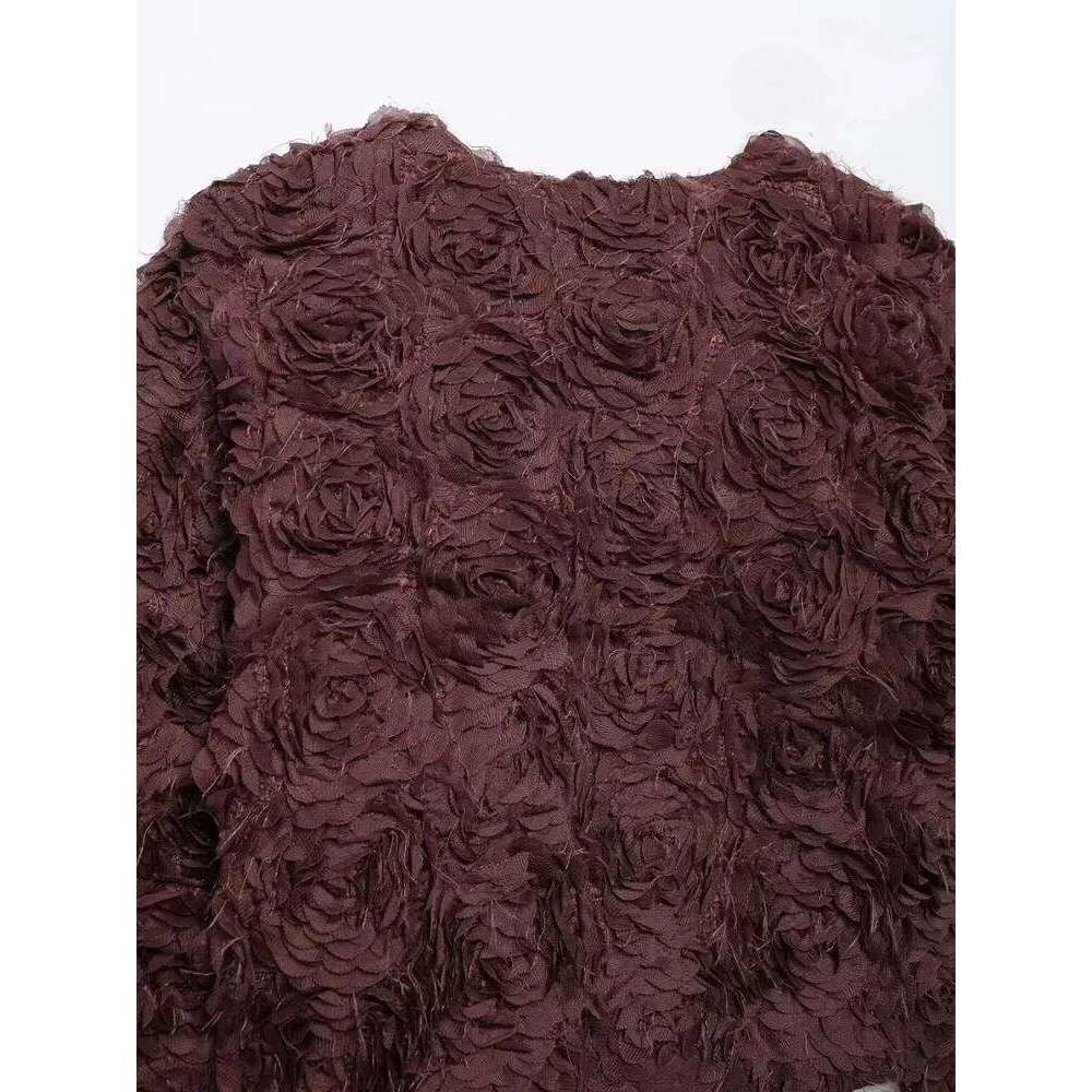 Women Fashion Flower-shaped Textured Cropped Jacket Coat Long Sleeve Snap-button Female Outerwear Chic Tops