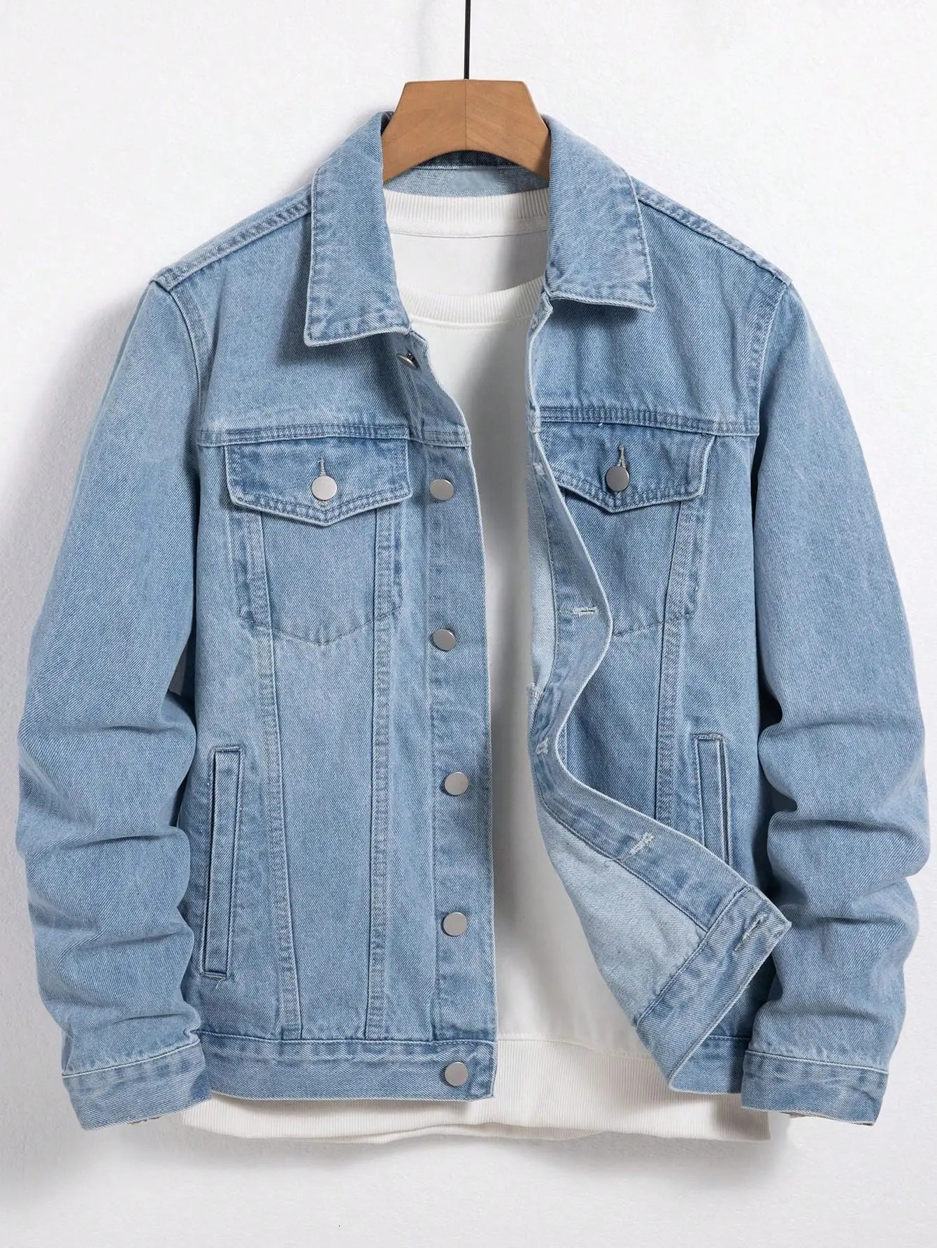 Mens denim jacket for spring and autumn. Blue denim coat. Daily casual wear. Fashion trend. 250805