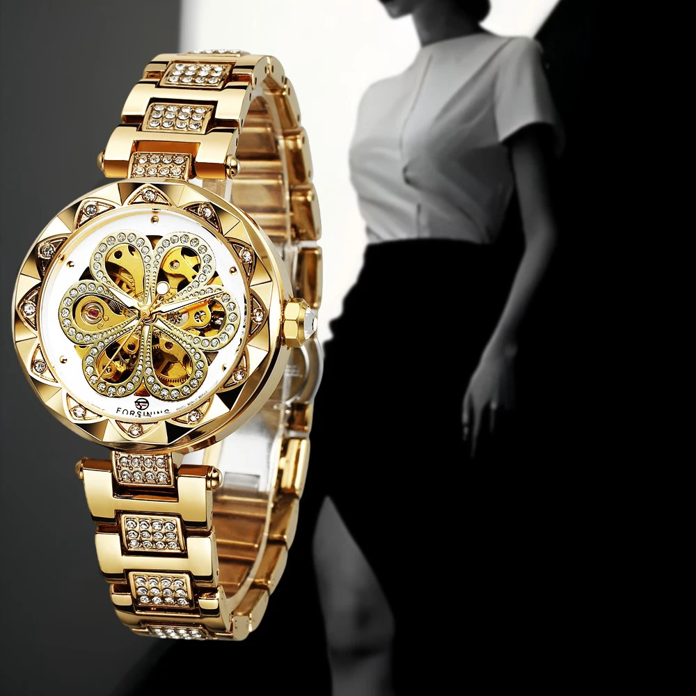 FORSINING Retro Women Automatic Mechanical Watch Skeleton Rhinestone Luminous Pointers Stainless Steel Stylish Female Wristwatch 250807