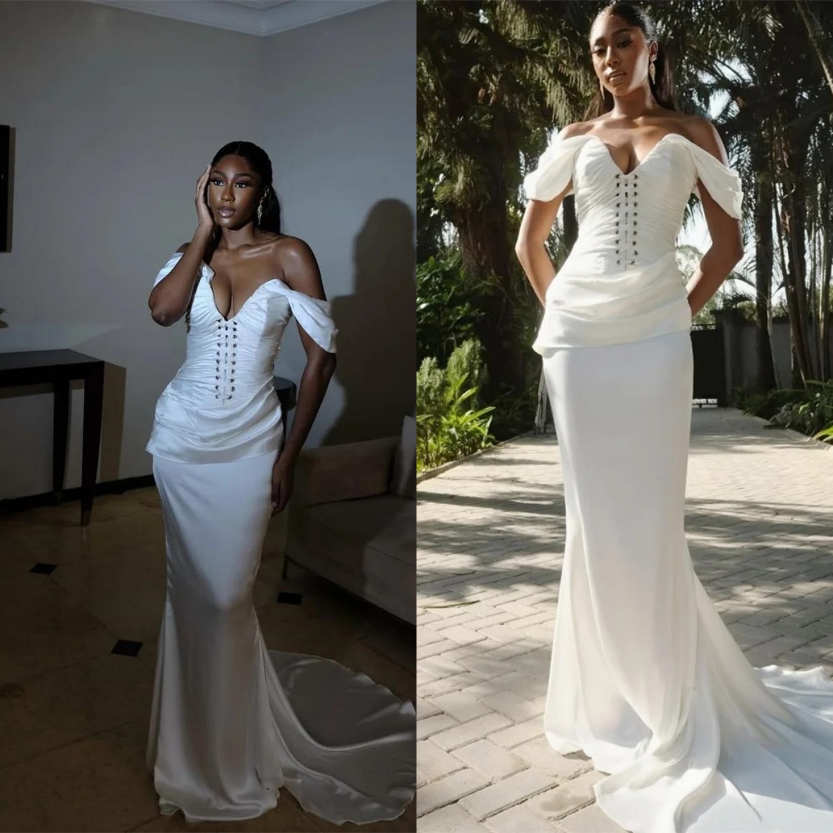 Elegant Off Shoulder Mermaid Wedding Dresses V Neck Sleeveless Lace Up Bride Dress Sexy Floor Length Bridal Dress Customized