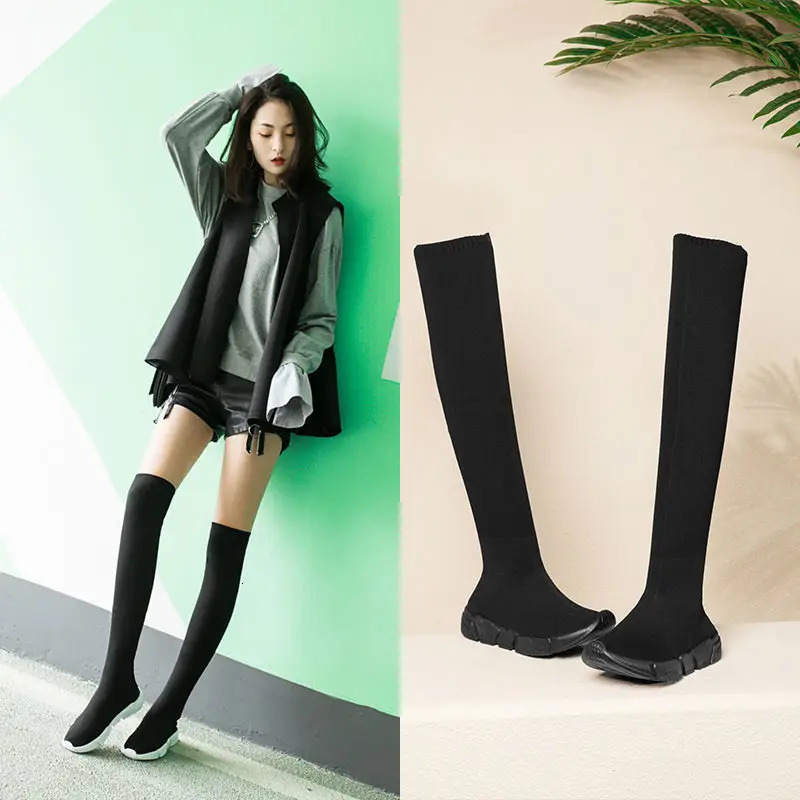 Sexy Sock Boots Knitting Stretch Warm High Heels For Women Fashion Knee Spring Autumn Booties Female 250801