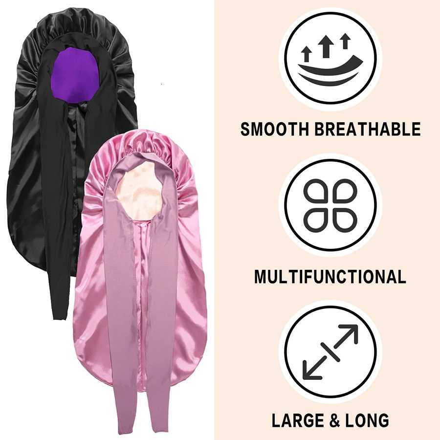Ekstra Large Hair Long Silk Bonnet Cap With Elastic Satin Hair Band Comfortable Head Cover Night Sleep Hat For Sleeping Shower Z250808