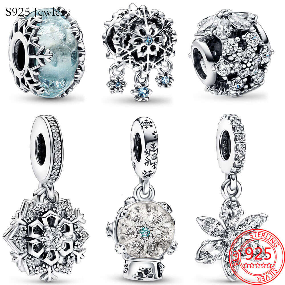 The New Popular 925 Sterling Silver Winter Series Snowflake Charm Blue Glass Beads Snowball Angel Pendant Bracelet Women's Jewelry Christmas Gift
