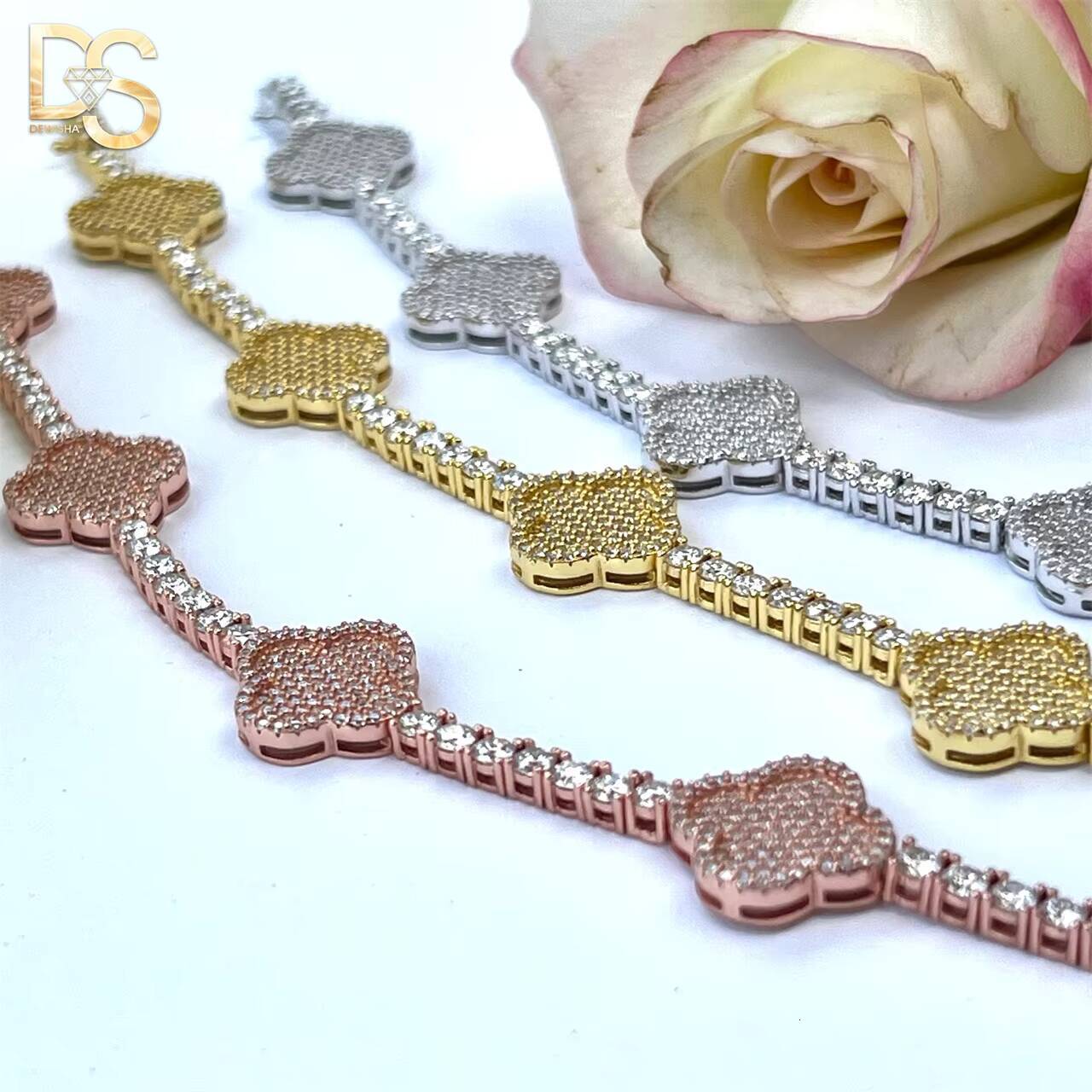 925 Sterling Silver Moissanite Diamond Tennis Bracelet Four-leaf Clover Flower Men and Womens 3MM/4MM Tennis Chain Jewelry