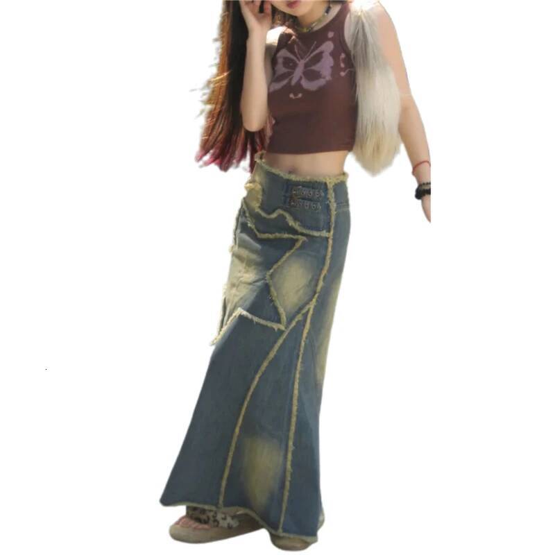 2025 Summer New Women's Cowboy Skirt Y K Aesthetic Garbage Flower Fairy Pentagram Pattern Long Skirt trend Tassel Skirt Street Wear New Designer