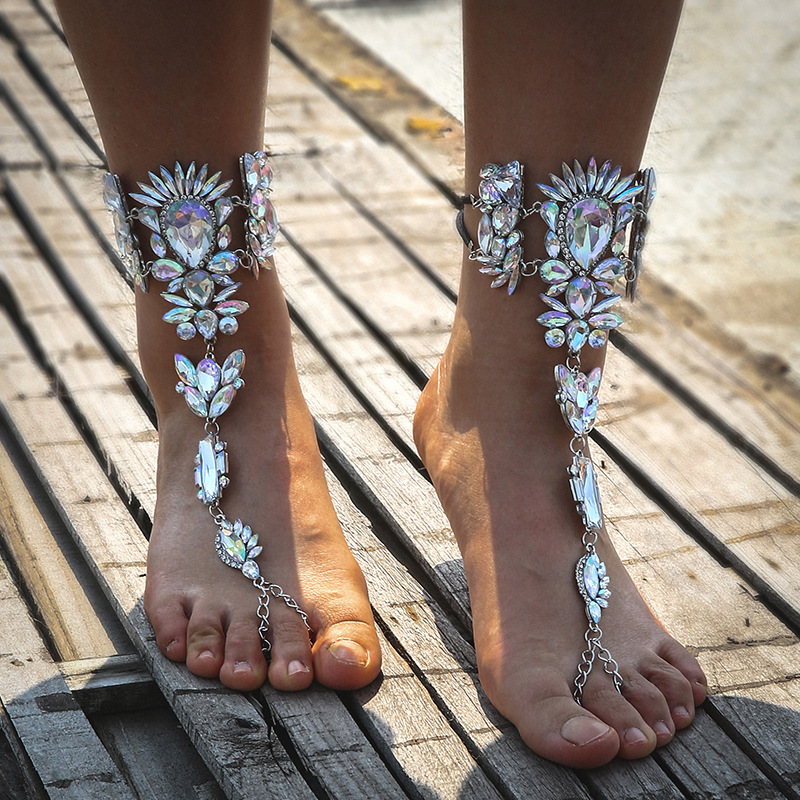 Gypsy Wedding Accessories Ethnic Barefoot Sandals For Wedding Shoes Water Drop Gemstone and Diamond Handmade Footwear Designer Anklet