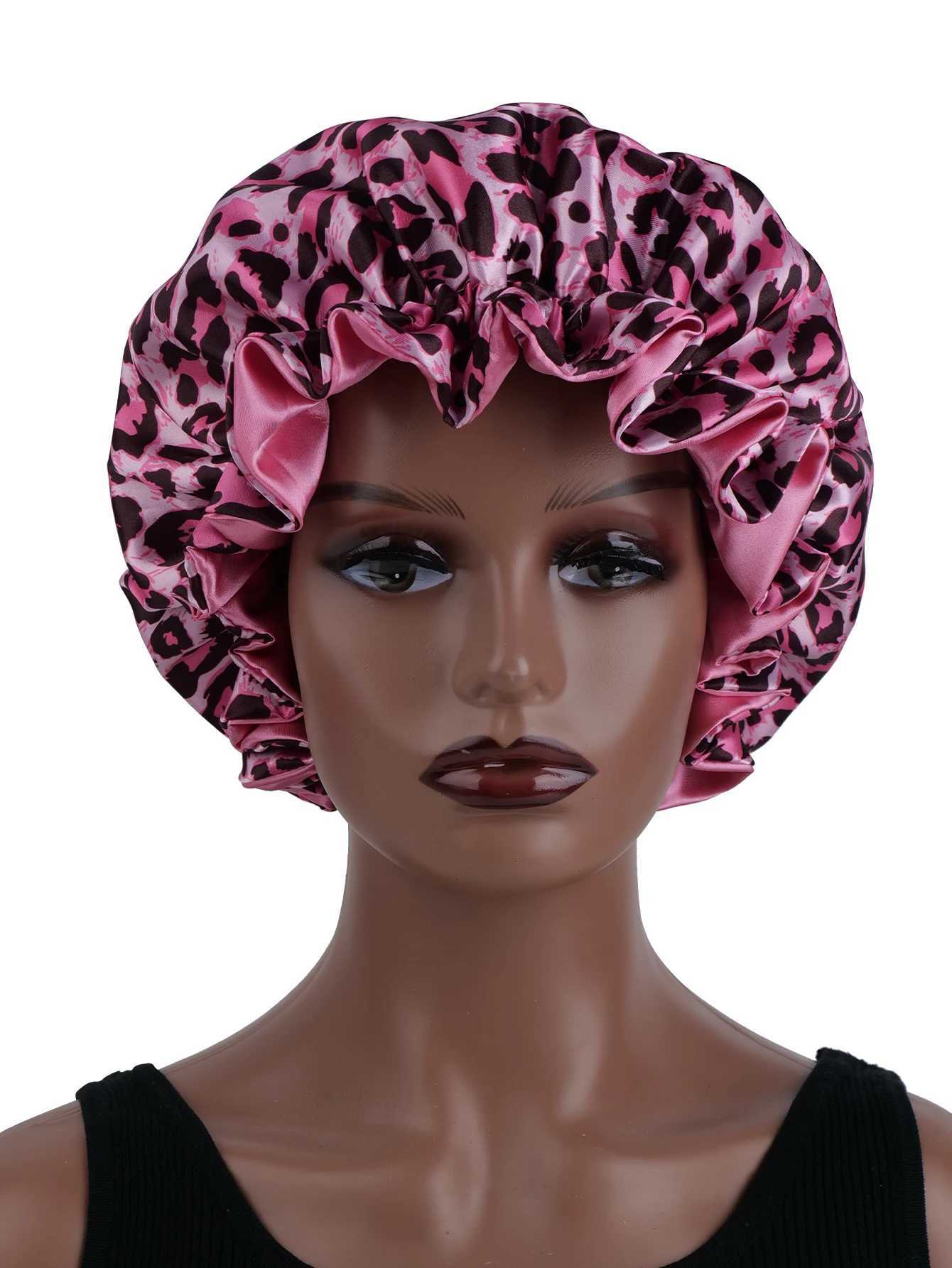 Leopard Print Satin Nightcap Double Layer Silky Bonnet with Adjustable Elastic Band High Quality Sleep Cap for Women Z250808