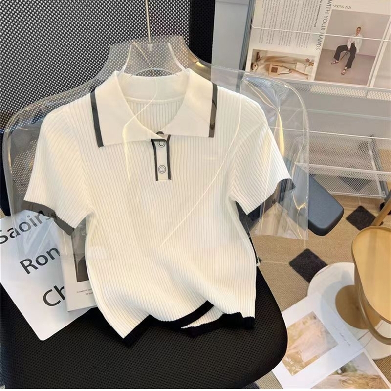 Ice silk knitted short sleeved Tshirt for womens summer 2024 fashionable and stylish polo shirt top y250729