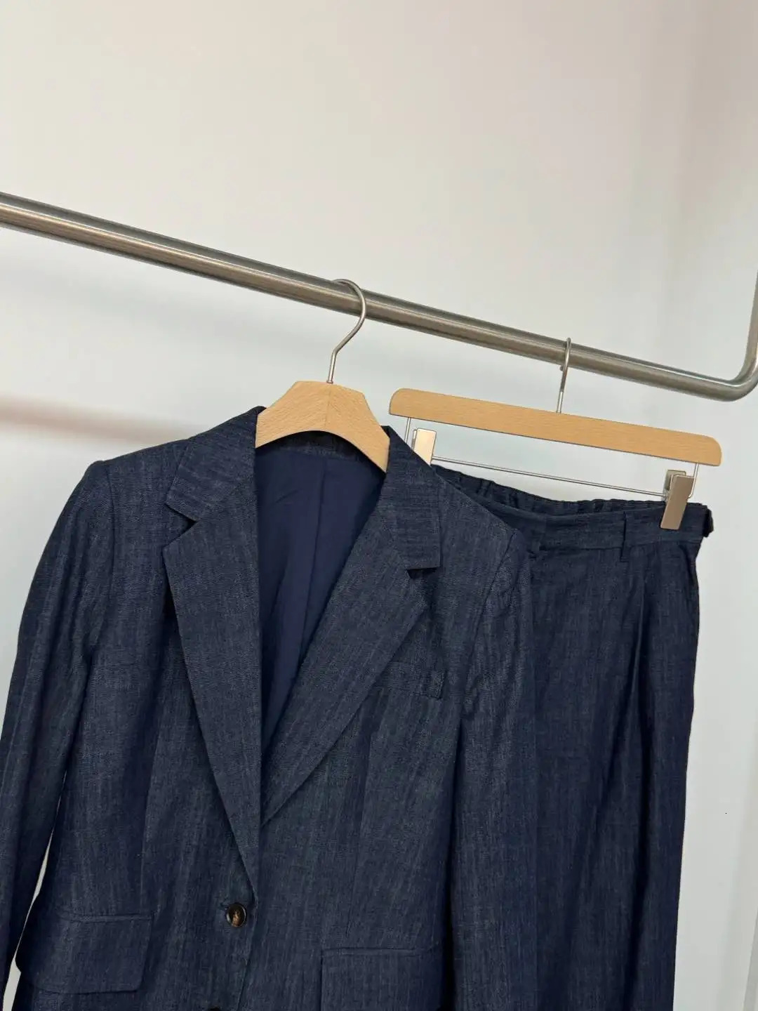 Womens Blue Cotton Denim Blazer Suit Striped Long-sleeved Jacket High Waist Straight-leg Pants 2-Piece Set 250728