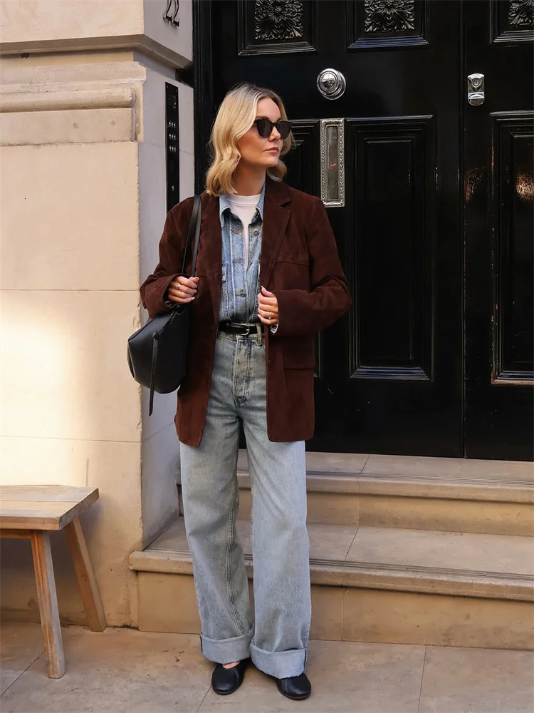 Women s Suede jacket Vintage Laple Full Sleeve Pockets Thicken Outwears Female Spring Fashion Lady Demi-season jacket 250805