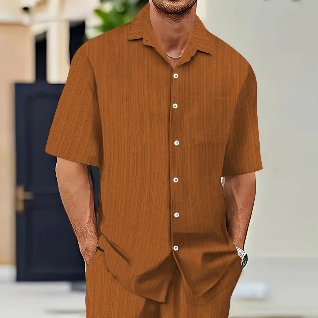 Mens ShortSleeved Shirts Summer Solid Color Turndown collar Casual Beach Style Plus Size 250807