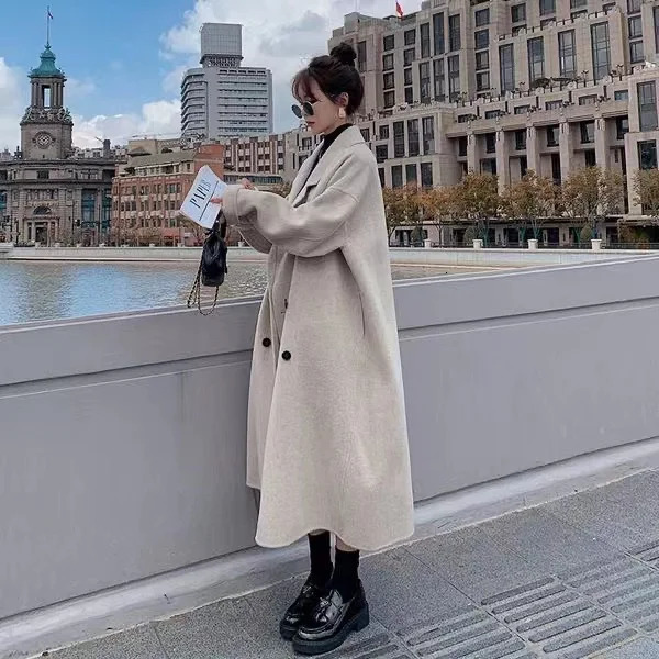 High Collar Belted Womens Long Coat Pure Wool Woolen Coat Autumn Winter Style Turn-Down Collar Versatile Jacket 250805
