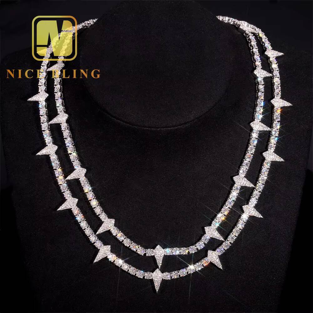 Iced Out Jewelry 4MM Pointed Tennis Chain 925 Silver Moissanite Diamond Tennis Necklace Pass Diamond Tester New Arrival