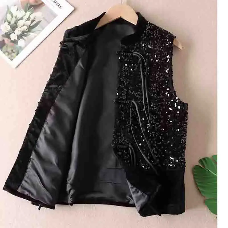 Chinese Style Sequined Vest Jacket Velvet Shining Autumn Premium Sleeveless Coat Women Shoulder Jacket Black XXL Fashion 250804