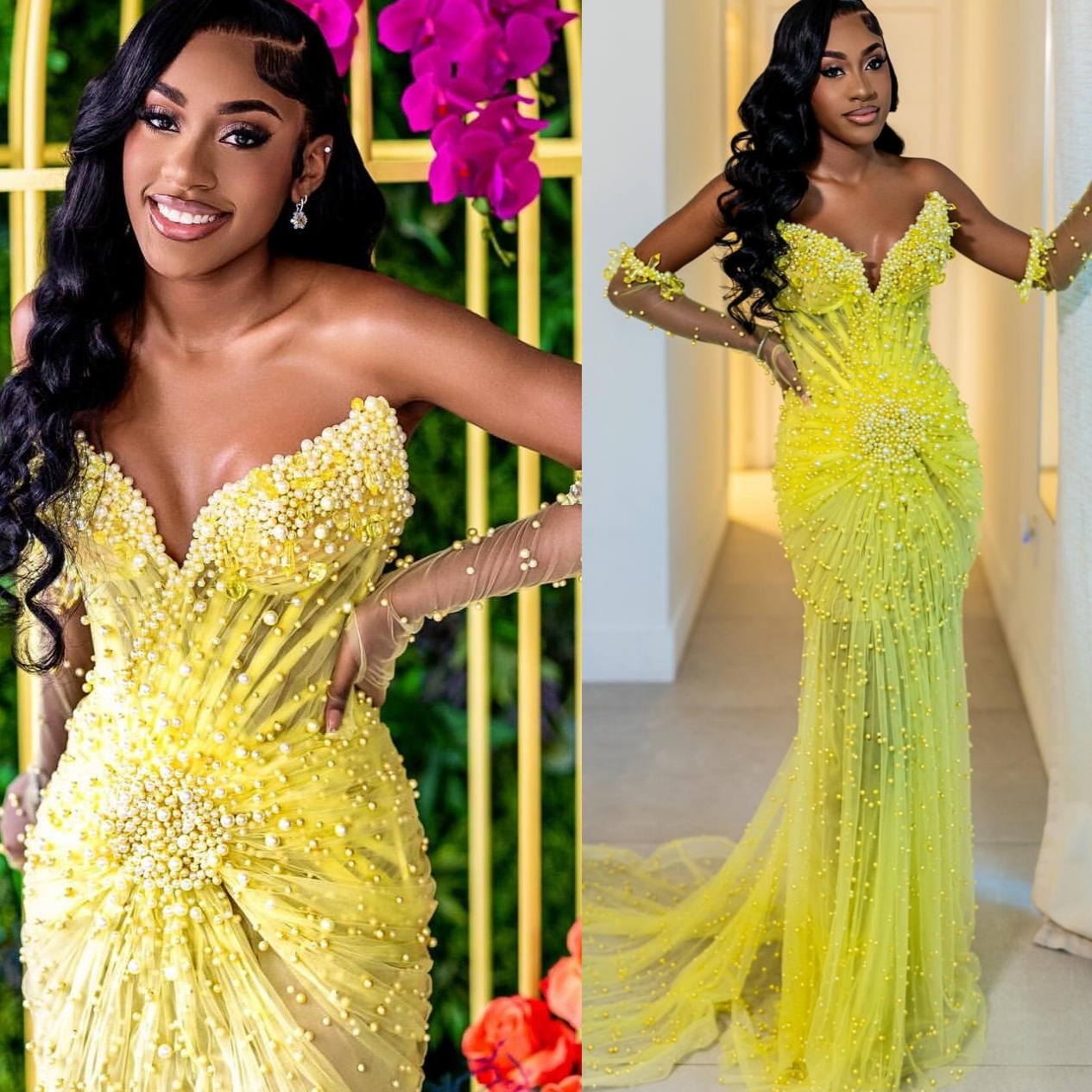 Mermaid Yellow Prom Dresses 2025 Pearls Rhinestones Sweetheart Evening Formal Party Second Birthday Engagement Gowns Plus Size Dress For Special Occas