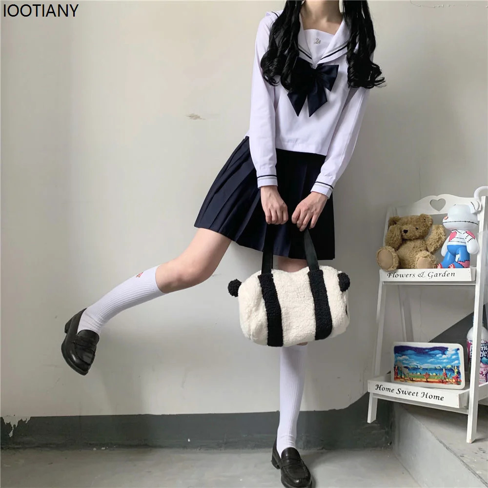 Japanese Female Student Jk Skirt Suit White Basic Style College Sailor Bow Pleated High School Uniform 250729
