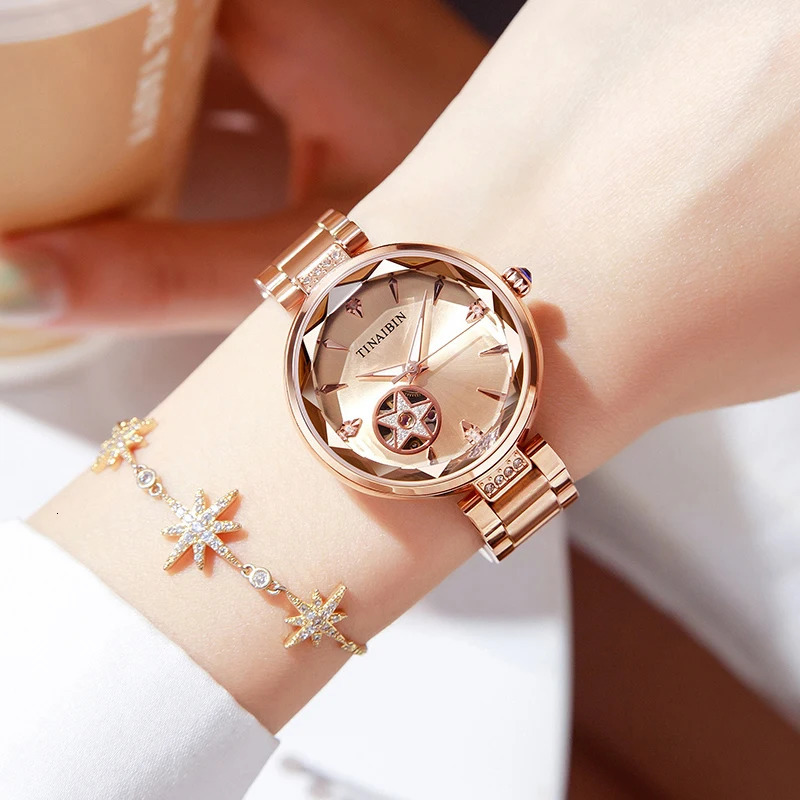 TINAIBIN High End Lady Woman Watches Waterproof Skeleton Automatic Mechanical Fashion Rose Gold 250807