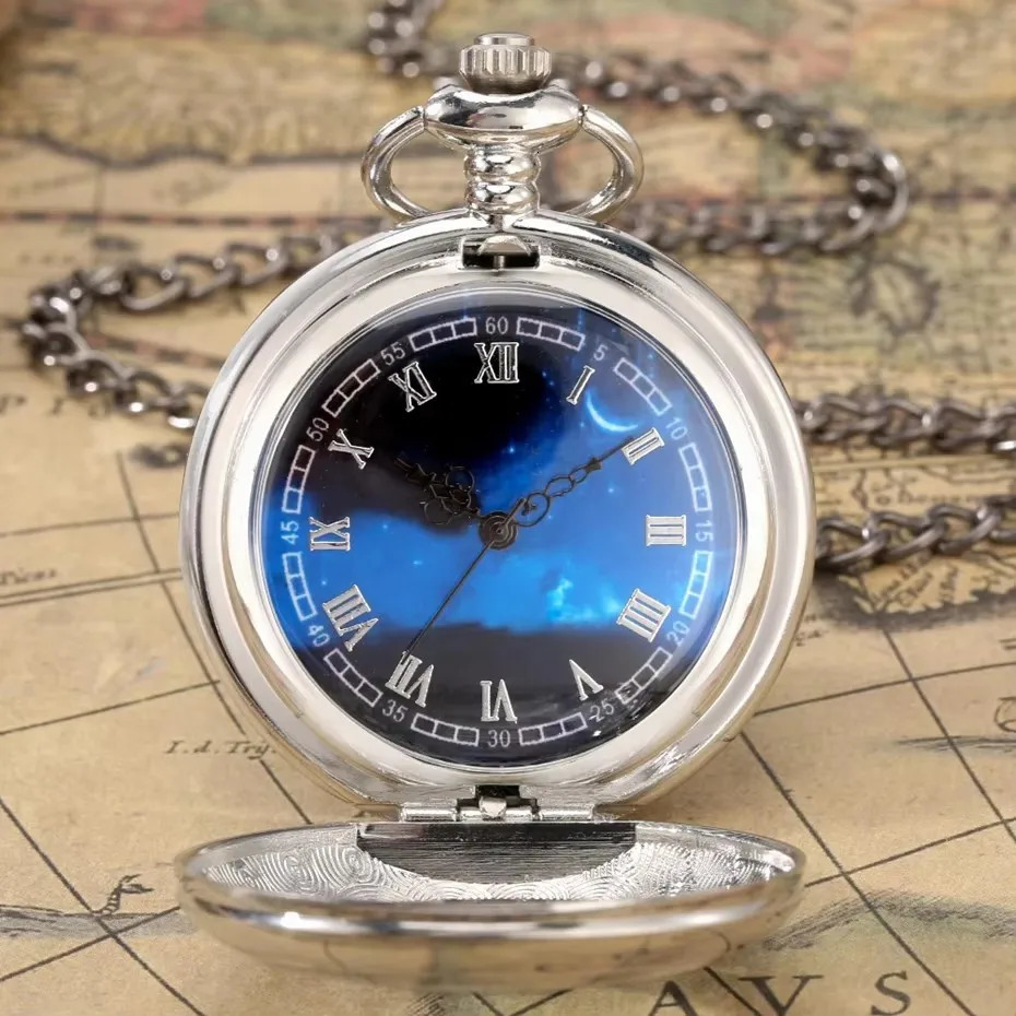 Starry Blue Dial Pendant Bronze Hollow Quartz Pocket Watch Roman Numerals Retro Watch 250807