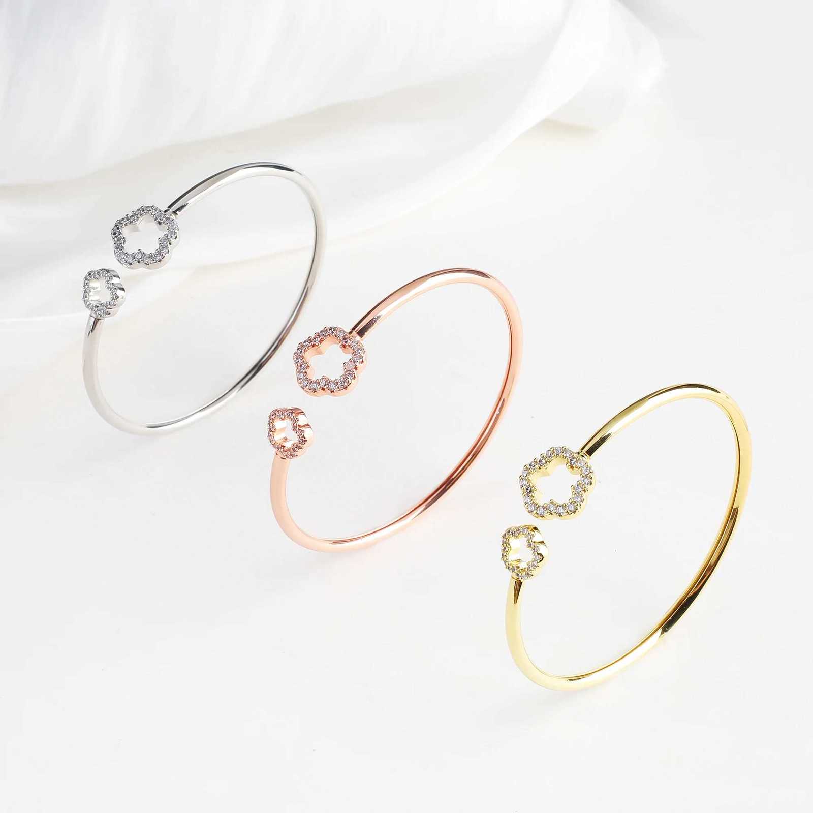 Flower Jewelry Bracelet Shiny Zirconia Hollow Five leaf Flower Open Bangle Simple for Women Girl Party Jewelry Gift Z250807