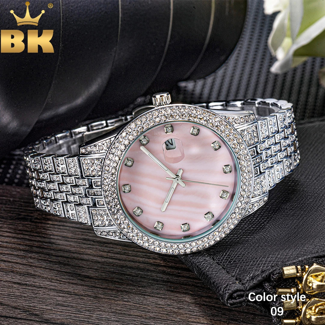 TBTK Mother of Pearl Pink Dial Full Iced Out Two Tone Quartz Clock Business Waterproof Watches For Women Girl 250807
