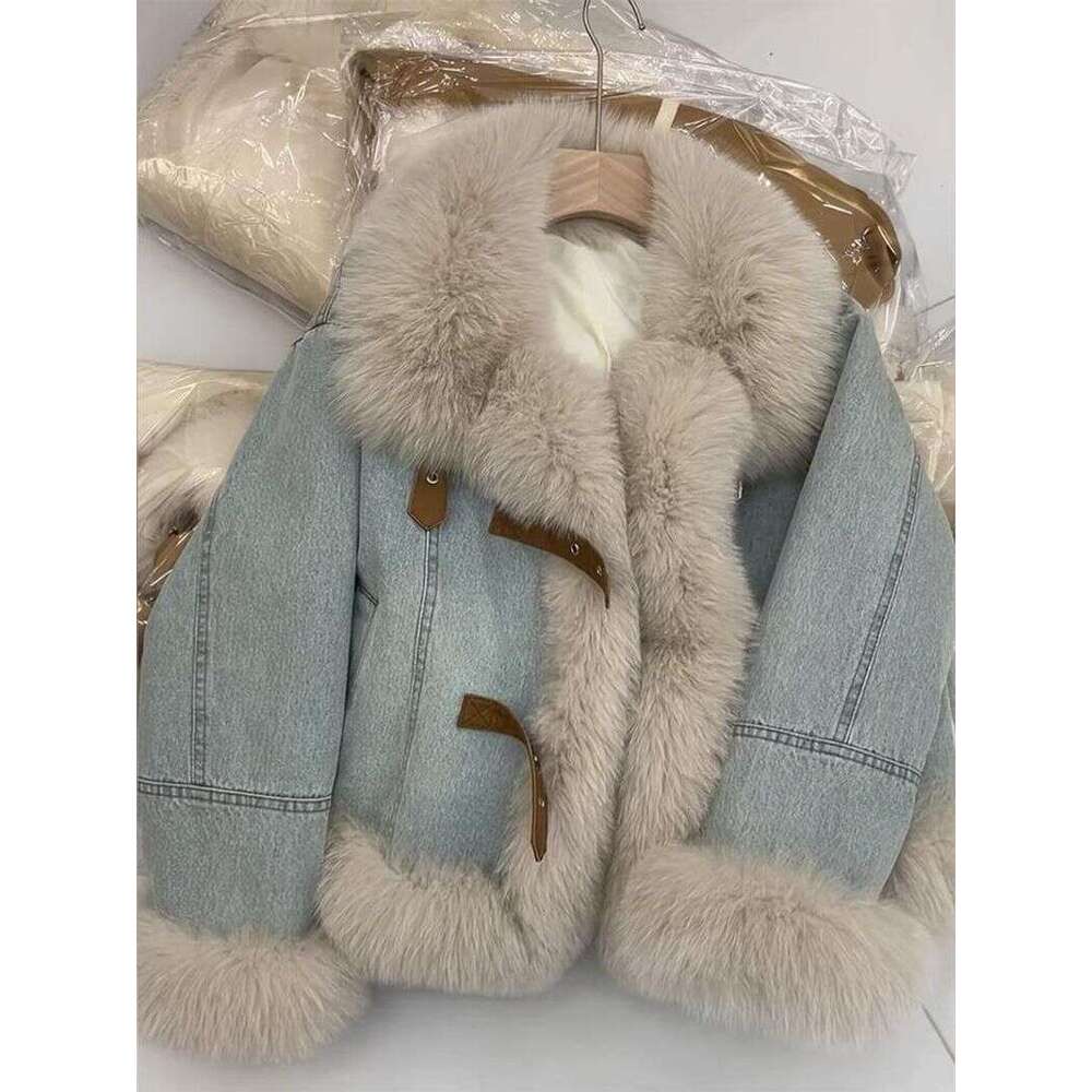 Women's Clothing Design Ing Blue Denim Jacket Fashionable Quilted Thick Warm Fur Plush Coat MDNG