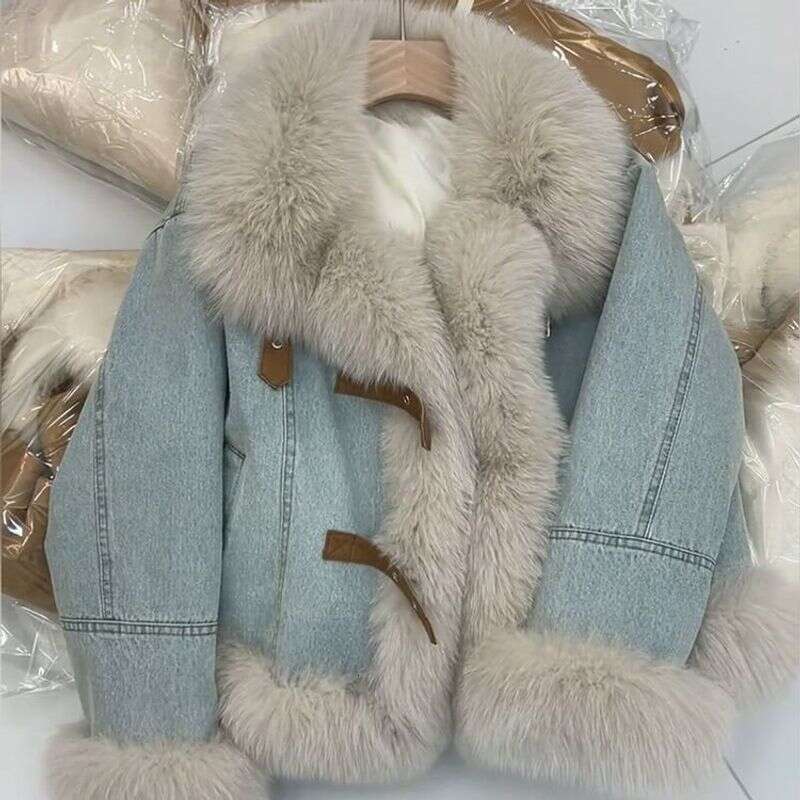 Women's Clothing Design Ing Blue Denim Jacket Fashionable Quilted Thick Warm Fur Plush Coat MDNG