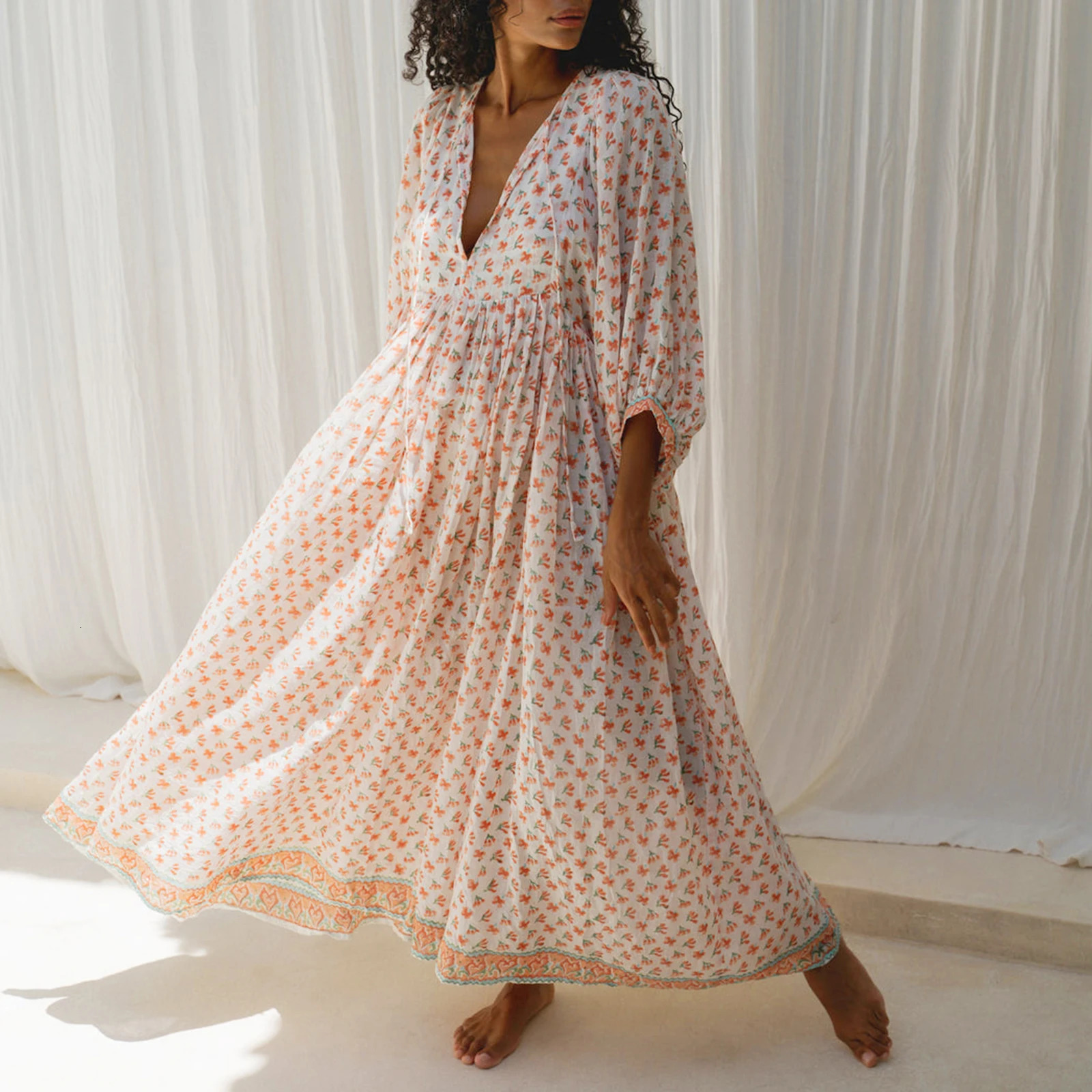 Combhasaki Womens Y2K Lantern Puff 3/4 Sleeve Lace-up Deep V Neck Floral Print Summer Casual Loose Fit Swing A-Line Long Dress 250728