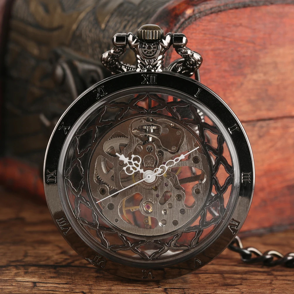 Steampunk Style Glass Transparent Hand Wind Mechanical Pocket Watch with Chain Hollow Men Watches Clock Gifts 250807