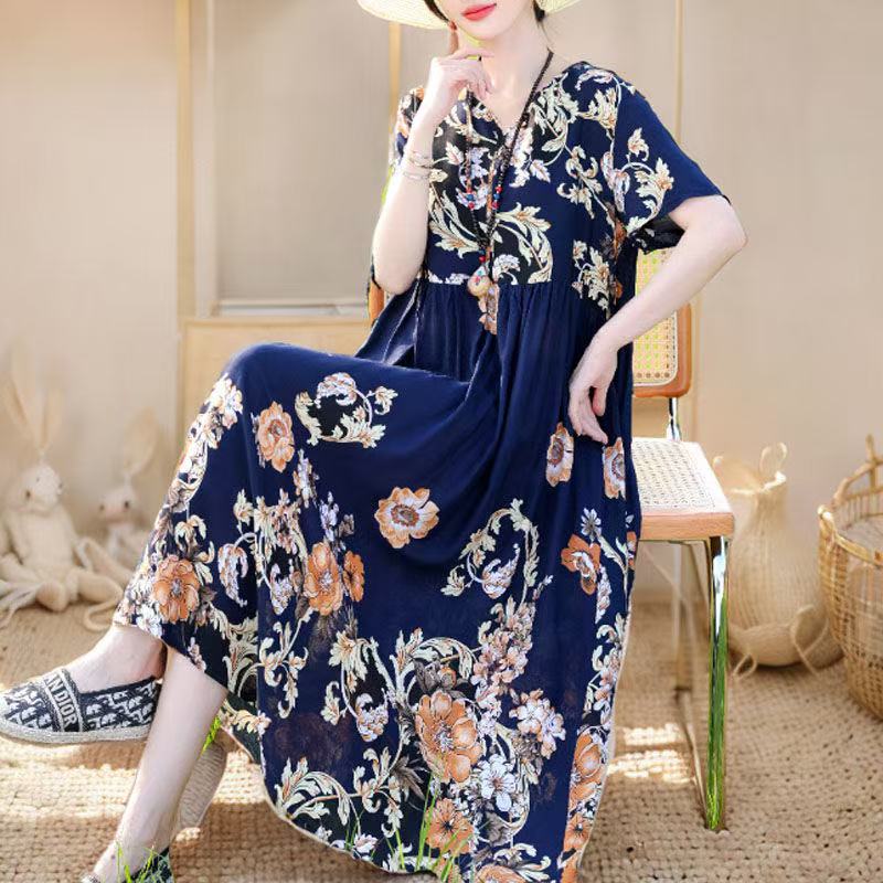 plus size women's new long sleeve high waist printed banquet dress mid-length skirt D02469