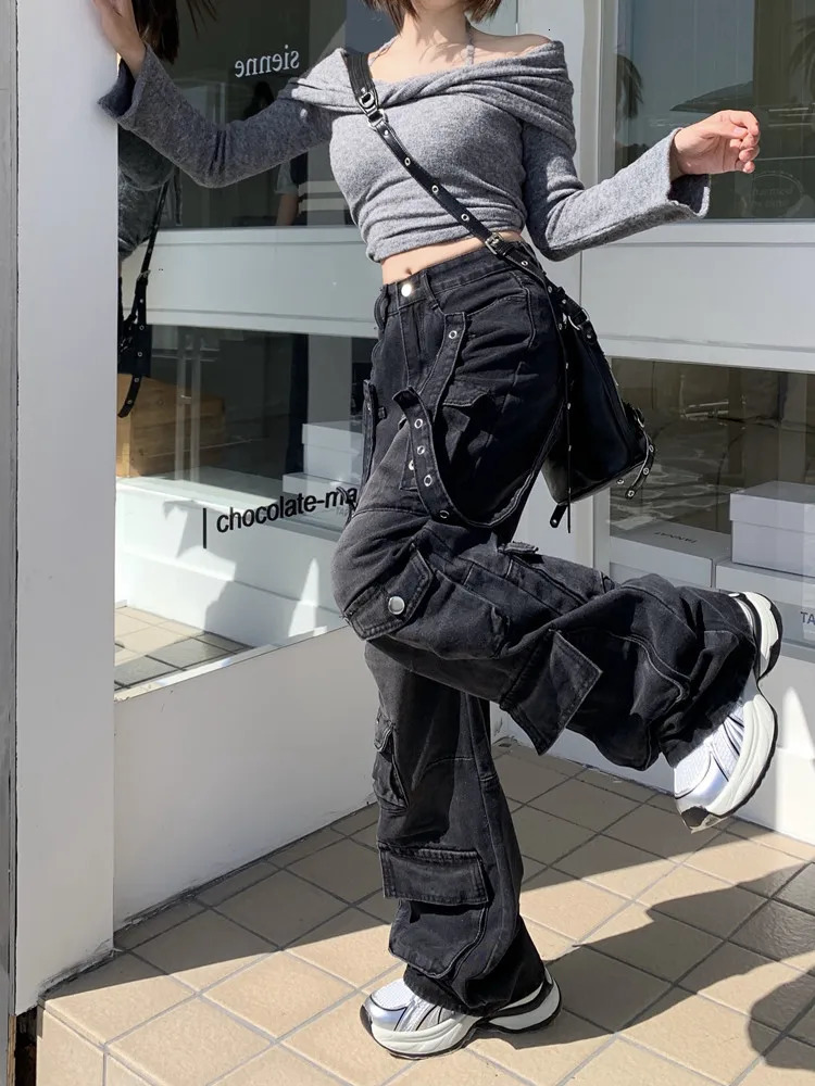 2000S Clothes Y2K Streetwear Washed Black Baggy Cargo Jeans Pants For Women Wide Leg Multi Pockets Straight Loose Lady Trousers 250804