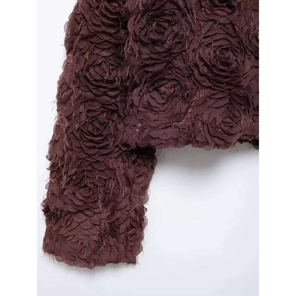 Women Fashion Flower-shaped Textured Cropped Jacket Coat Long Sleeve Snap-button Female Outerwear Chic Tops
