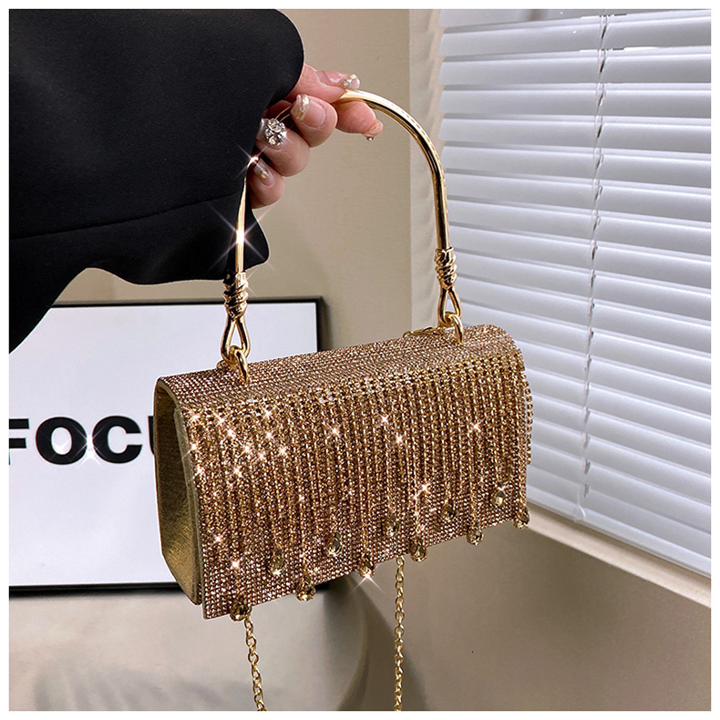 Luxury Brand Designer Bag 2025 Fashion Tassel Rhinestone Handbag For Women, Niche Design With Hot Stamped Rhinestones, Evening Bag With Metal Handle, 