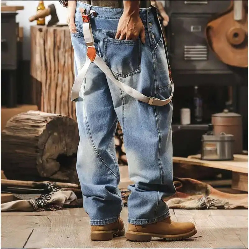 PFNW Mens Denim Overalls With Adjustable Straps Light Blue Jeans MultiPocket Casual Workwear 2025 Spring 28W6278 250804