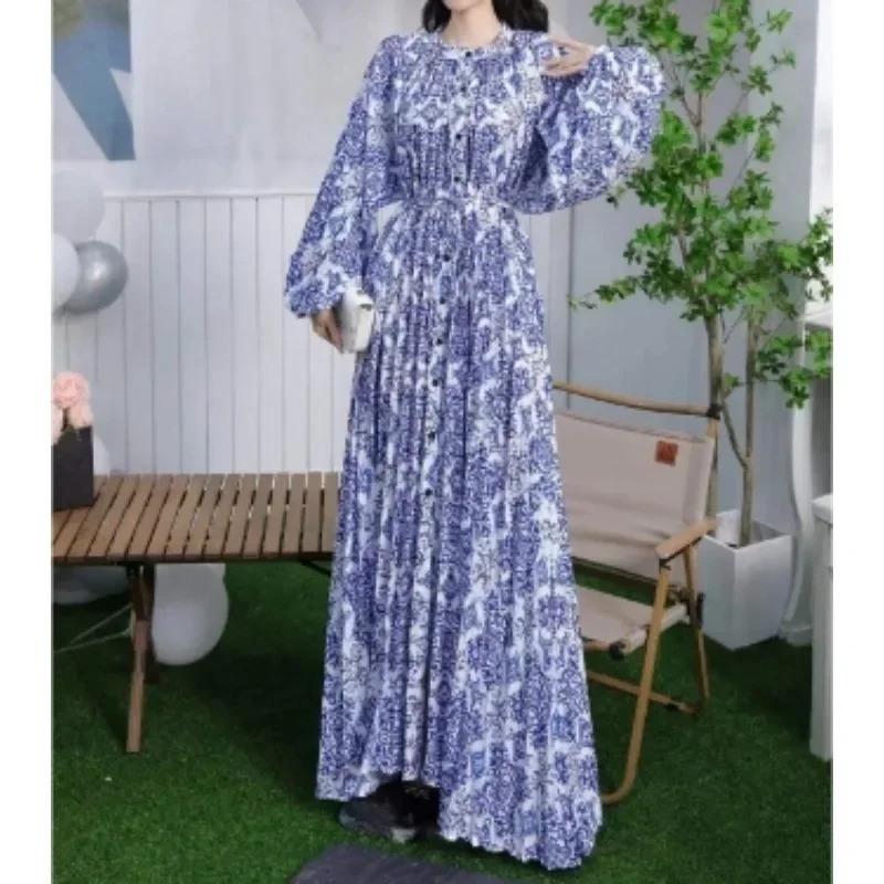 Retro Elegant Sashes O Neck Single Breasted Print Dresses Long Lantern Sleeves A-line Casual High Waist Women Autumn Clothing 250728