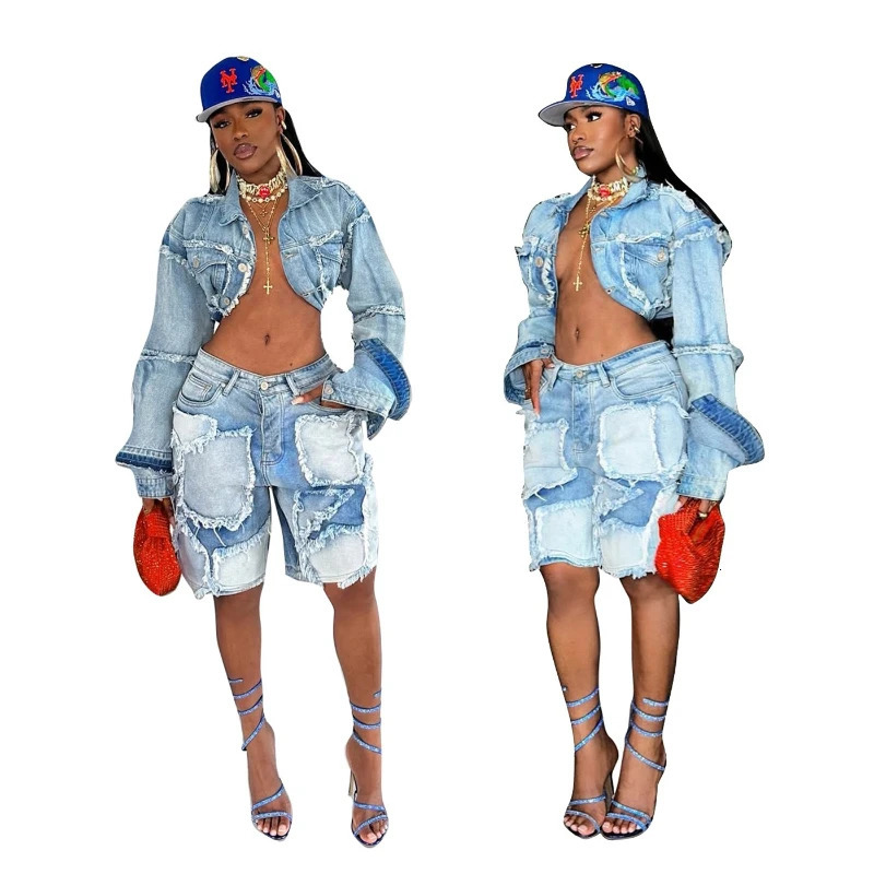 Shorts Pant Set Women Two Piece Sets Denim Turn Down Collar Matching Sets Tops Knee Length Pants High Waist Y2k Streetwear 250728