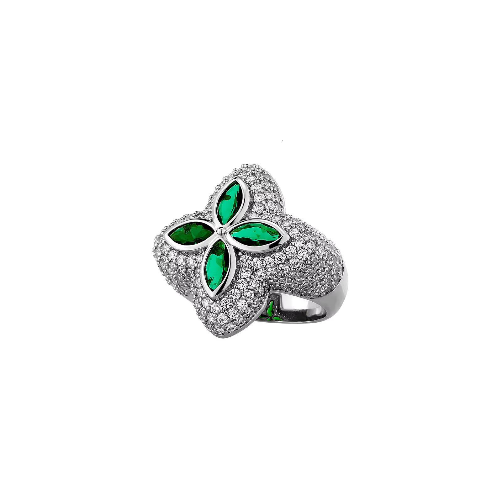 Trendy Micro Pave Inlaid Iced Shiny Dazzling Fashion Hiphop Brass Gold Plated Striking Green Flower Ring