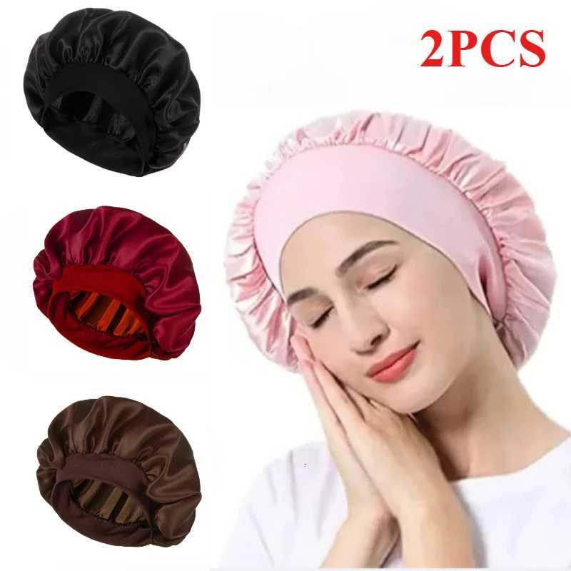 Cotton Bonnets Night Sleeping Cap Large Elastic Wide Soft Band Colorful Silk Hat for Curly Hair Care Beauty Makeup for Women Men Z250808