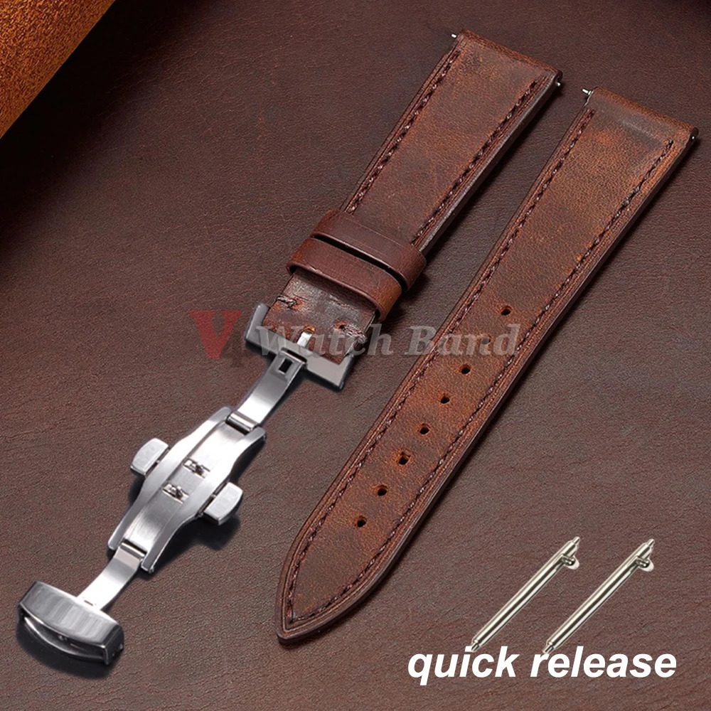 Vintage Leather Watch Band Butterfly Buckle Stitching Cowhide Strap for Omega 181920212224mm Wrist Bracelet 250805