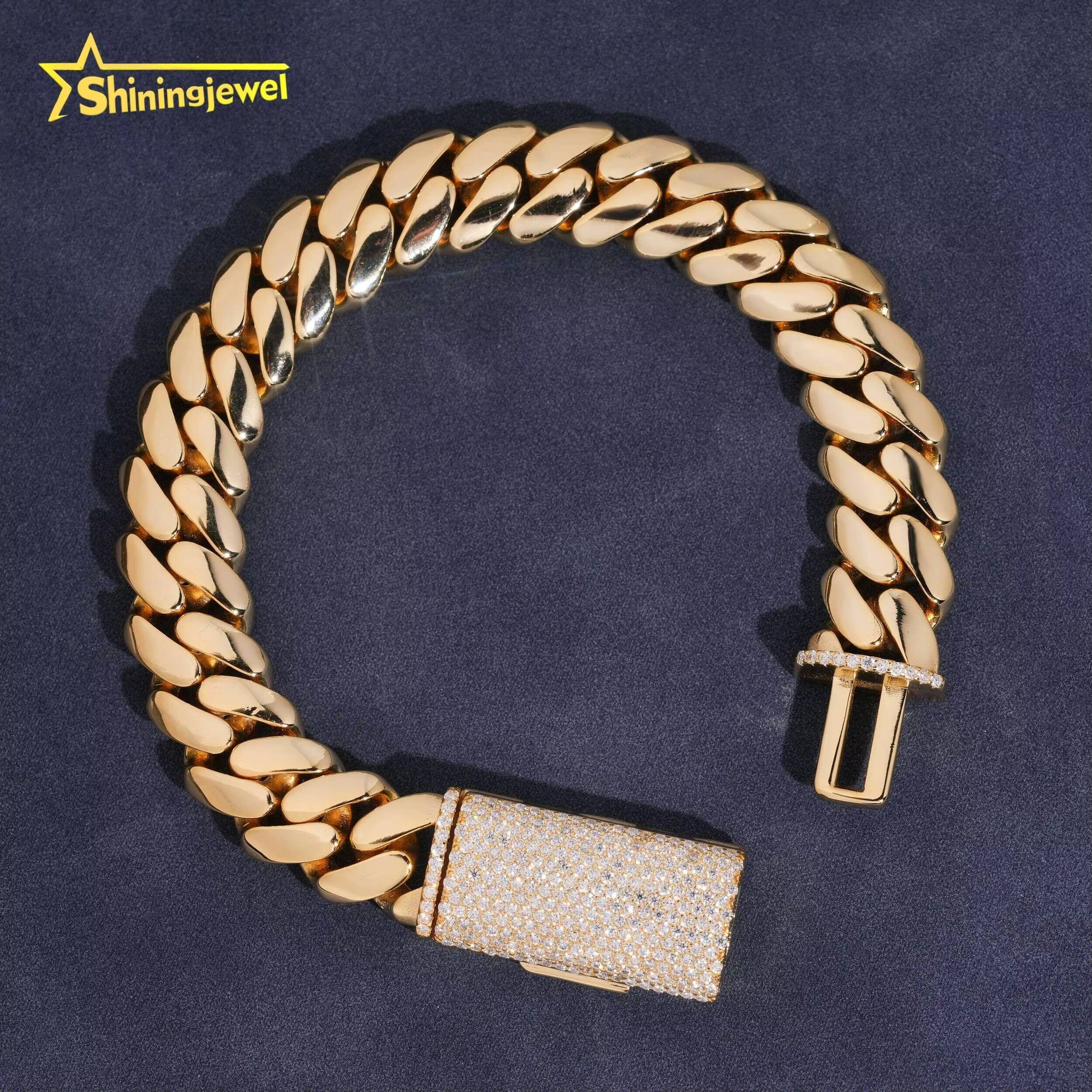 High Quality Hip Hop Jewelry 925 Sterling Silver 12mm Moissanite Lock Plain Cuban Link Chain Bracelet