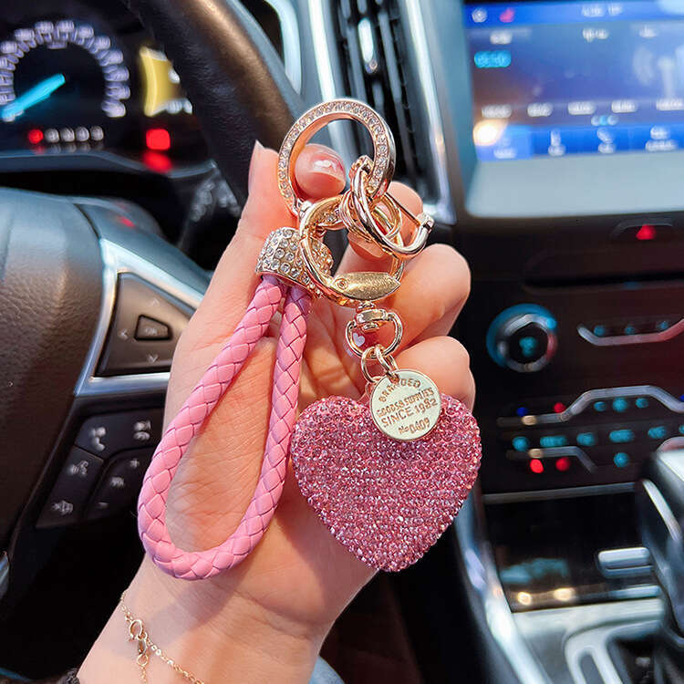 Clay Full Drill Heart with Diamond Inlaid Leather Strap Heart-Shaped Car Keychain for Women Exquisite Pendant