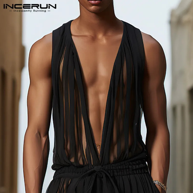 INCERUN 2024 American Style Jumpsuits Mens Striped Perspective n Rompers Stylish Streetwear Deep V S5XL 250804
