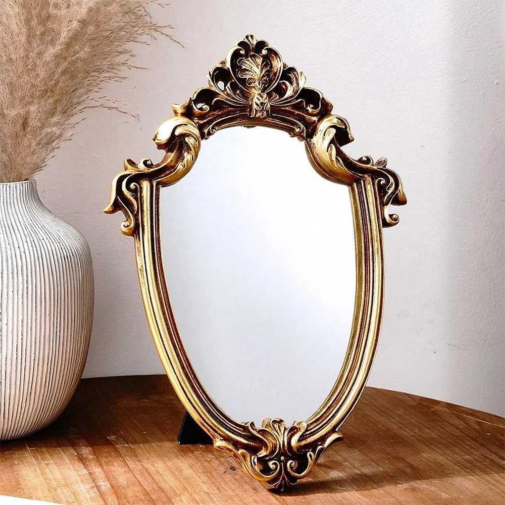 Vintage Gold Patterned Mirror Decoration Table Wall Mirror with Stand for Room Bedroom Dresser Desktop Decor European Style Z250807