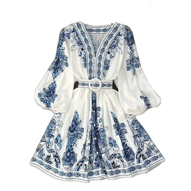 Autumn Womens Fashion V-Neck Long Sleeve Bohemian Print Dress 250728