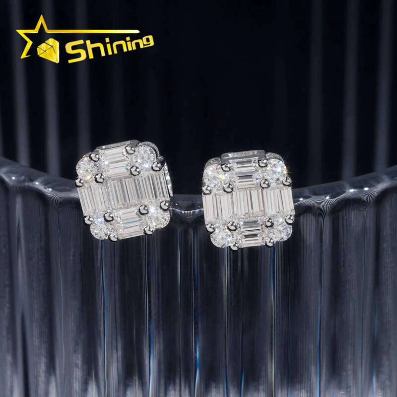 Ready to Ship Hip Hop Jewelry Pass Tester Sterling Sier VVS Moissanite Dia Classic Baguette Stud Earrings