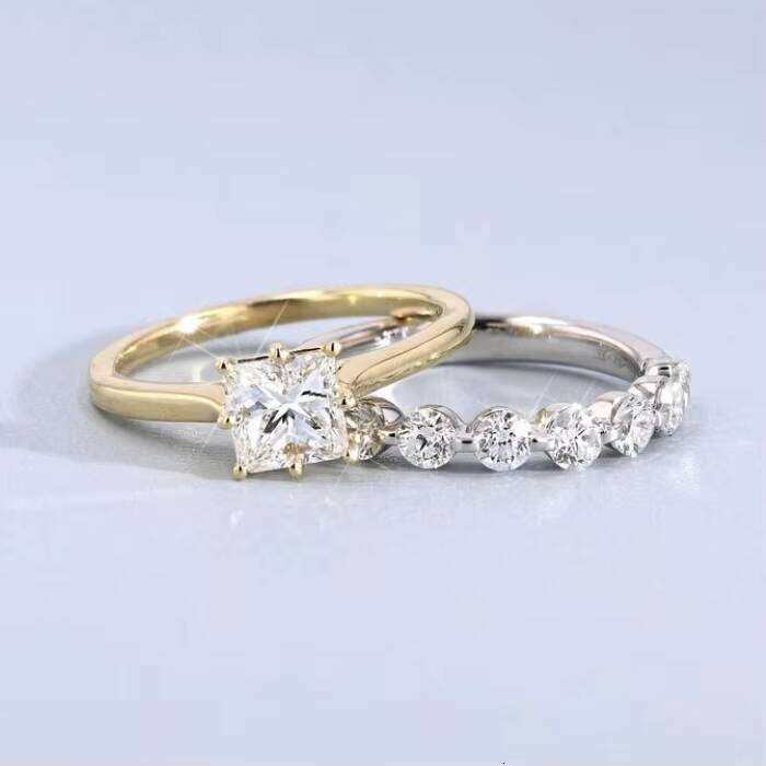 XingGuang Jewelry Trendy Band 14K Real Gold Wedding 1ct Solitaire Princess VVS Moissanite Engagement Ring Set for Women