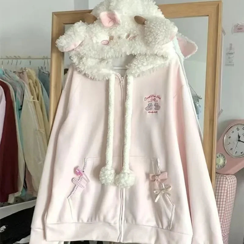 Japanese Sweet Hooded Cardigan Sweatshirt Embroidery Women Cute Jacket Spring Autumn Coat Y2k Kawaii Outerwear 250808