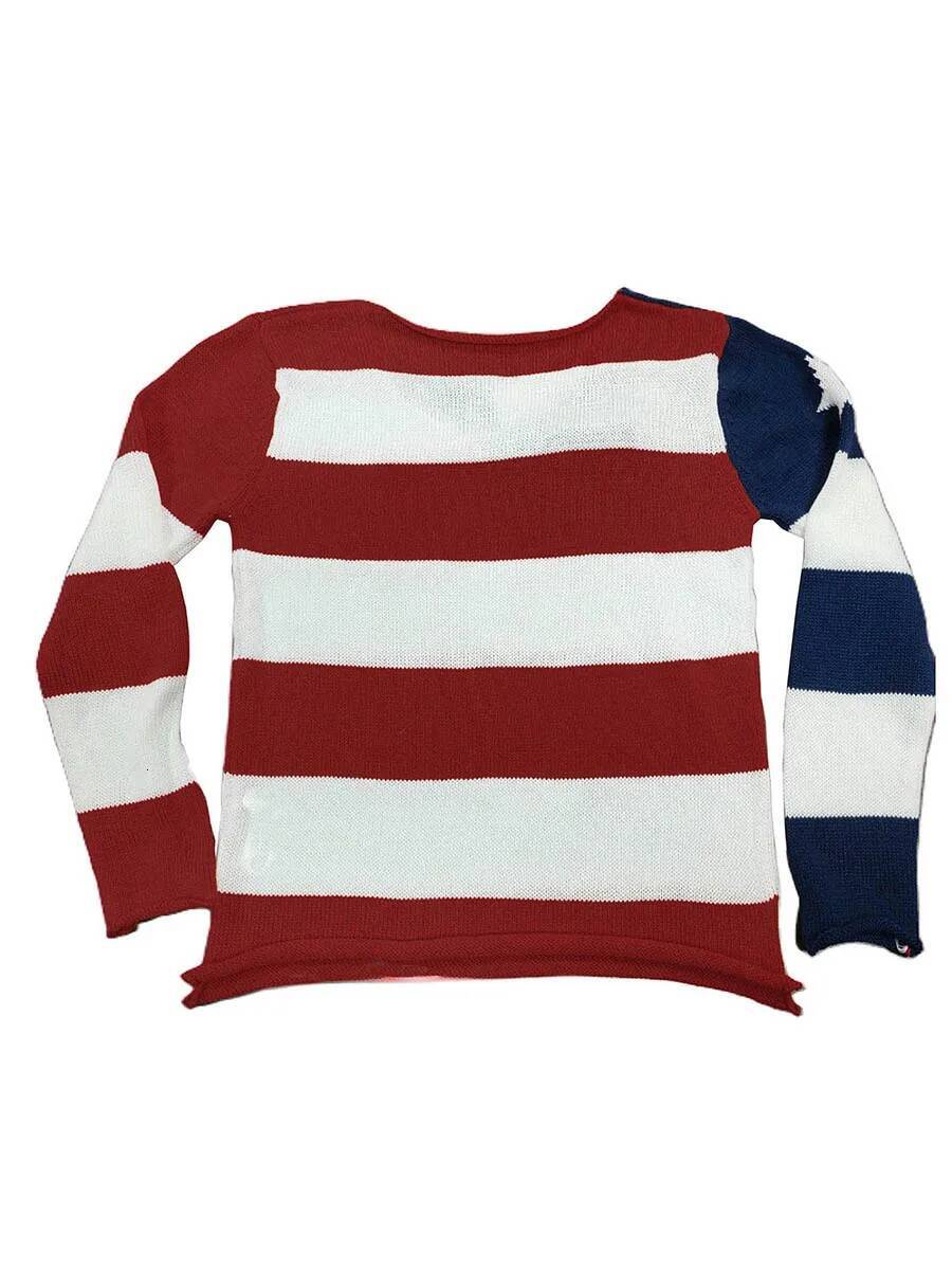 Women s 4th of July Knit Tops Flag Star Stripe Print Long Sleeve V-Neck Slit Hem Knitwear dongdumaoyi