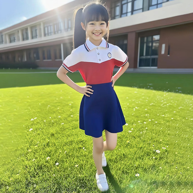 Summer school style children's short sleeved class uniform, elementary school uniform customization manufacturer